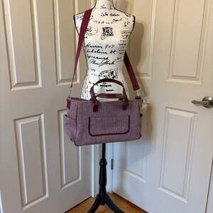 Large Burgundy Tweed Zippered Bag With Handles/Pockets Purse/Knitting Bag